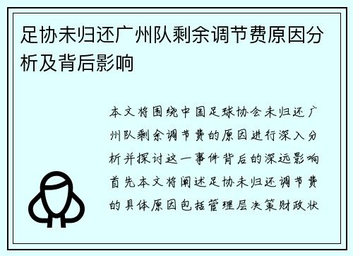 足协未归还广州队剩余调节费原因分析及背后影响